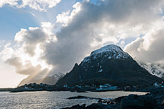 积雪,山,瑞恩,罗弗敦群岛,挪威