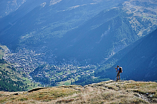 远足,草,悬崖,远眺,山谷,马塔角,瓦莱,瑞士