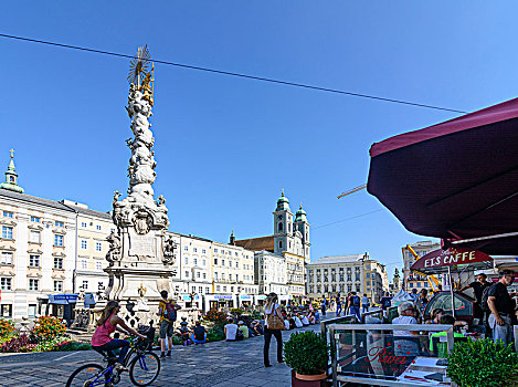 林茨,大广场,圣三一柱,老教堂,多瑙河,上奥地利州,奥地利