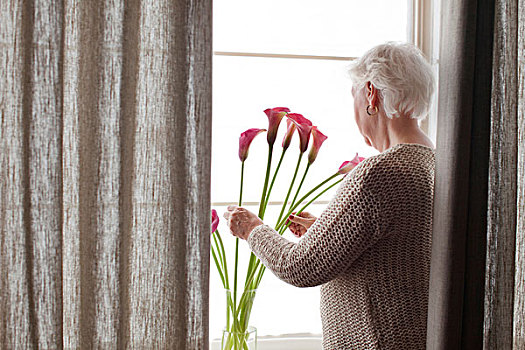 老年,女人,花,花瓶,后视图