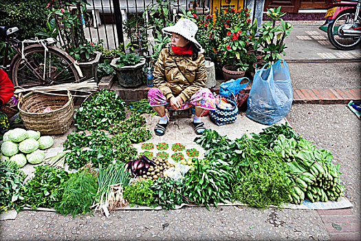 销售,蔬菜,市场,琅勃拉邦,老挝