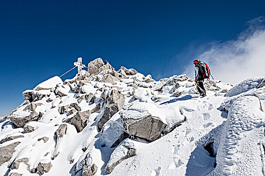 登山,攀登,雪中,顶峰,阿尔卑斯山,山谷,省,南蒂罗尔,区域,特兰提诺阿尔托阿迪杰,意大利,欧洲