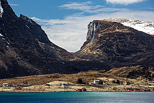 山,上方,遥远,海边,房子,柯瑞斯塔特,罗弗敦群岛,挪威