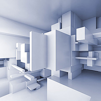 抽象,蓝色,方形,高科技,室内,背景,混乱,立方体,建筑,插画