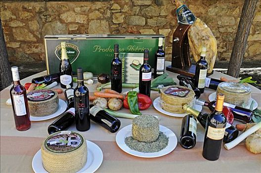 奶酪,火腿,葡萄酒,蔬菜,展示,桌子,多样,特色,地区性,特色食品,商品,食物,阿拉贡,拉曼查,西班牙,欧洲