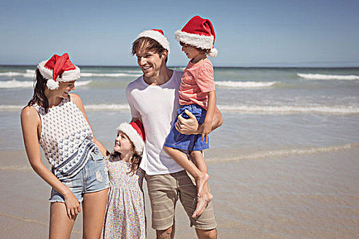 幸福之家,穿,圣诞帽,海滩,晴天