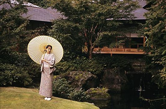 日本,女人,和服,伞,户外,茶馆