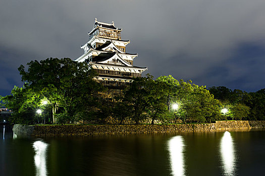 广岛,城堡,侧面,河,夜晚