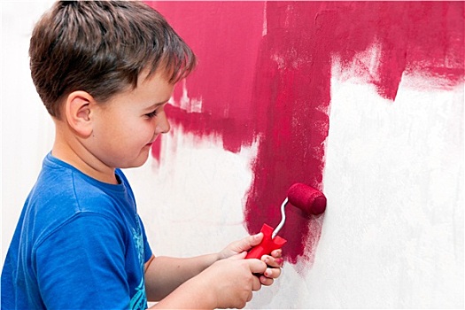 男孩,上油漆,墙壁,红色,公寓