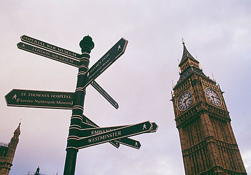路标,仰视,大本钟,伦敦,英格兰