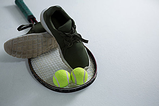 俯拍,运动鞋,网球,球拍,白色背景,背景