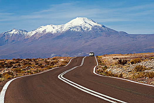 阿塔卡马沙漠,智利,弯路,白色,线条,汽车,火山,雪冠,蓝天
