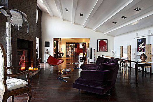 折衷,室内,阁楼,公寓,现代,沙发,洛可可风格,扶手椅,壁炉