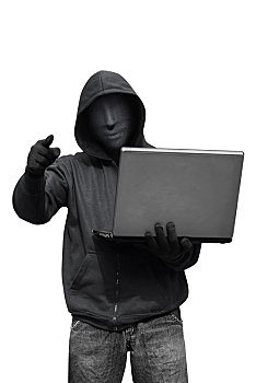 兜帽,黑客,面具,拿着,笔记本电脑,指定