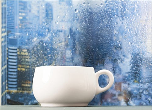 咖啡杯,雨天,正面,窗户