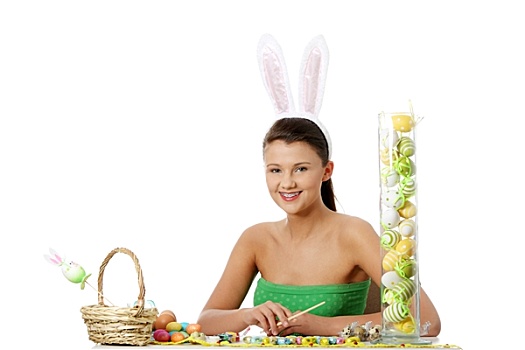 女孩,兔子,耳,制作,复活节装饰