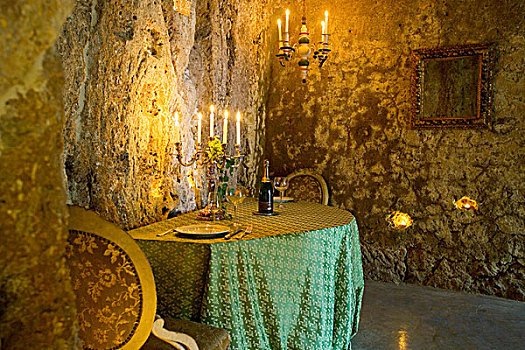 浪漫,双人桌,站立,洞穴,餐厅,照亮,银,枝状大烛台