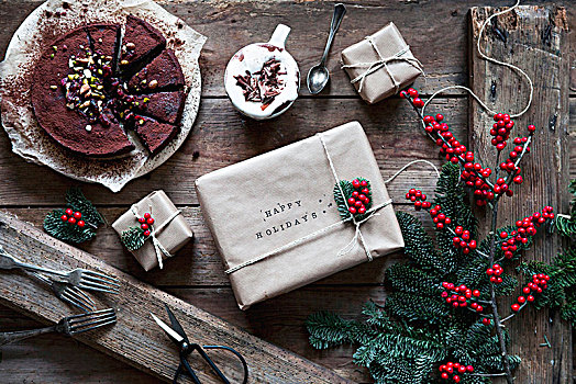 巧克力蛋糕,可可粉,展示,旁侧,圣诞礼物
