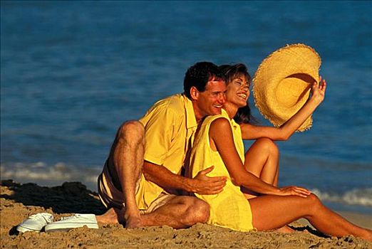 伴侣,乐趣,海滩,女人,垂边帽,微笑
