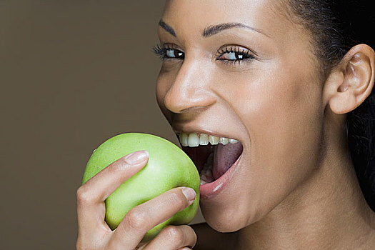 女人,吃,苹果