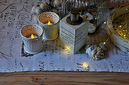 圣诞桌,装饰,白色,人造,蜡烛,彩灯