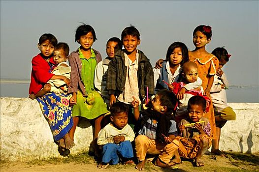 缅甸,一群孩子,脸,曼德勒
