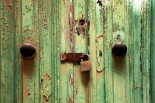 生锈,门锁,风化,木门,绿色,涂绘,瓦莱塔市,马耳他,欧洲
