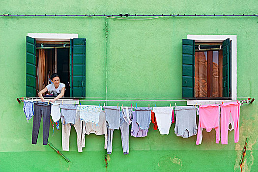 布拉诺岛,五月,女人,工作,洗衣服,威尼斯,意大利,城镇,彩色,房子,东北方,岛屿