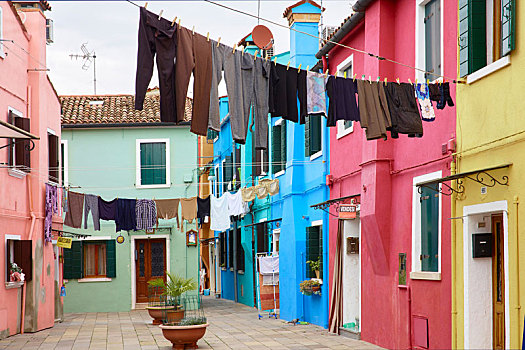 晾衣绳,传统,彩色,院落,布拉诺岛,威尼斯,威尼托,意大利