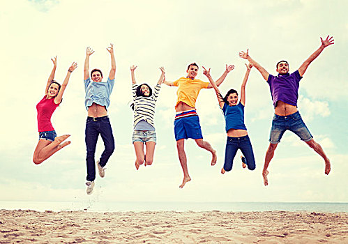 夏天,休假,度假,高兴,人,概念,群体,朋友,跳跃,海滩