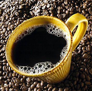 黑咖啡,黄色,杯子,咖啡豆