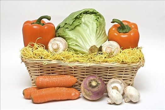 色彩,菜篮,卷心菜,橙色,柿子椒,蘑菇,新鲜,胡萝卜,圆