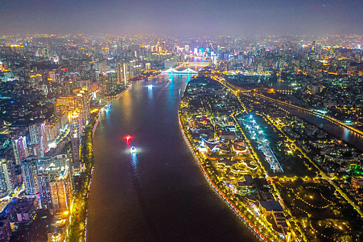 航拍广东广州珠江二沙岛夜景