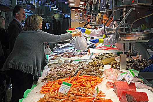 顾客,鱼,海鲜,市场货摊,巴塞罗那,西班牙