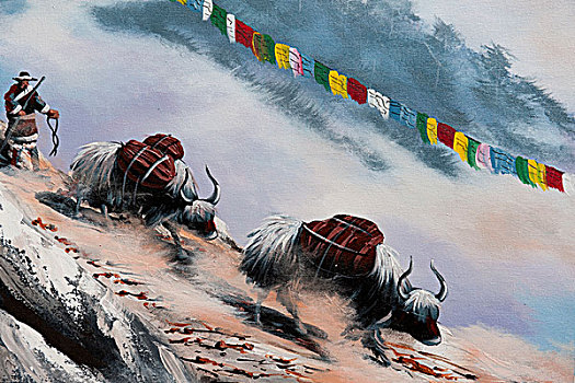 艺术,描绘,游牧,牦牛,乡村生活,画廊,加德满都,尼泊尔,亚洲