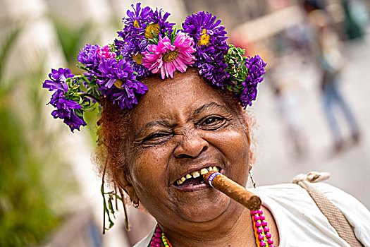老人,古巴,女人,花,头饰,雪茄,哈瓦那,北美