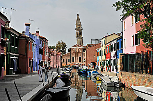 彩色,涂绘,房子,船,运河,布拉诺岛,倚靠,教堂,尖顶,泻湖,威尼斯,意大利,欧洲