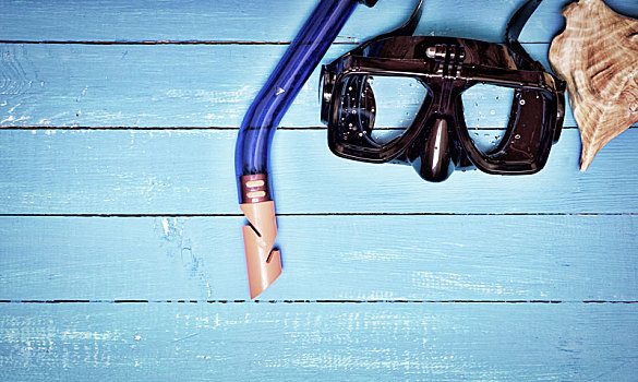 潜水面罩,通气管,蓝色,木质背景