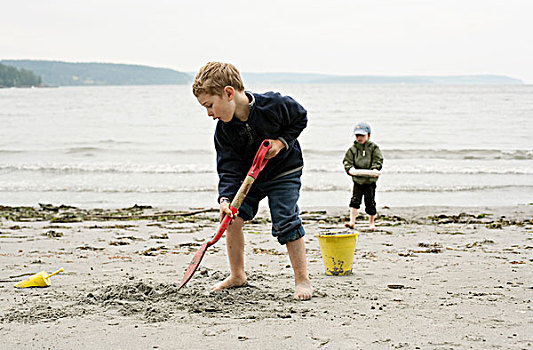 男孩,挖,海滩