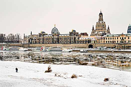 堤岸,易北河,德累斯顿,雪地,特写,运输,白色,船队,船,萨克森,德国,欧洲