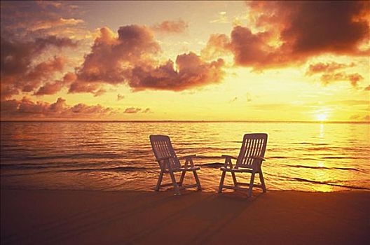 夏威夷,瓦胡岛,日出,沙滩椅,海岸线,水