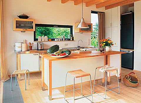 鲜明,厨房,桌子,木质,凳子,正面,厨房操作台