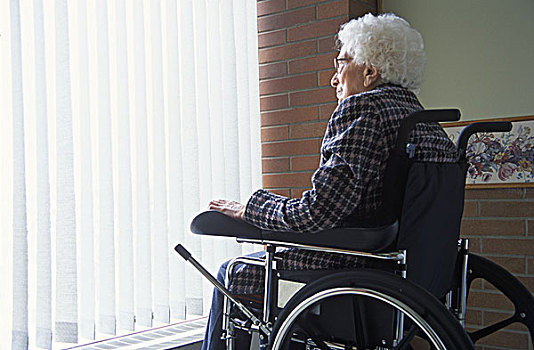 老年,女人,轮椅,望向窗外