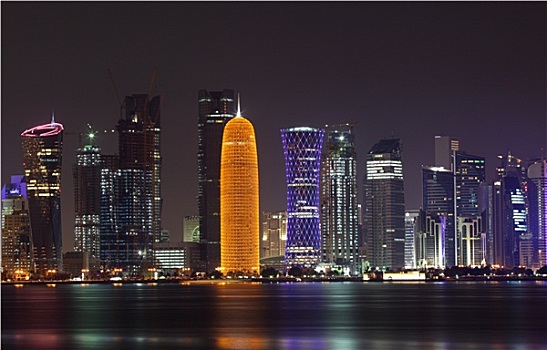 多哈,天际线,夜晚,卡塔尔,中东