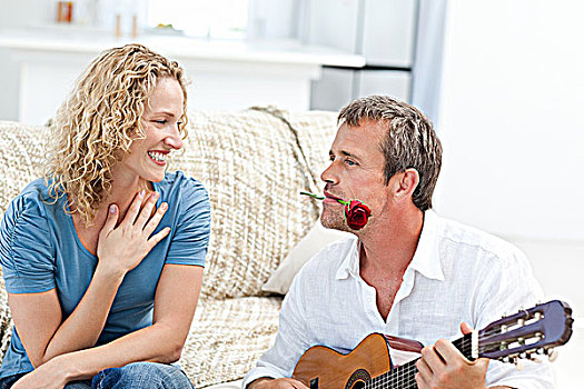 浪漫,吉他,妻子,在家