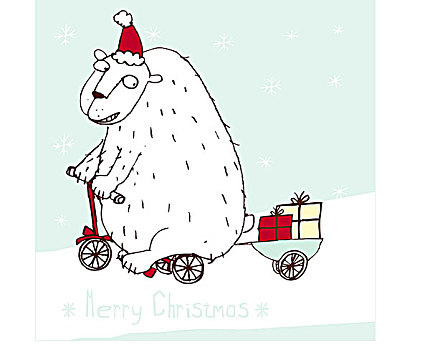 插画,北极熊,礼物,三轮车,支持者,雪,圣诞快乐,圣诞时节,时间,圣诞节,绘画,纯洁,动物,掩饰,圣诞老人,帽,雪花,下雪