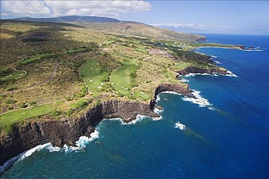 夏威夷,曼内雷,高尔夫球场,海岸线,俯视