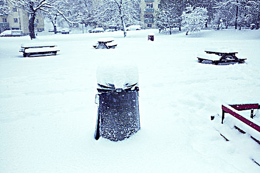垃圾箱,野餐桌,冬天