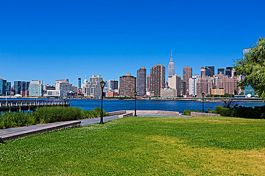 曼哈顿,纽约,晴朗,天际线,东河,花园,公园,草皮,美国