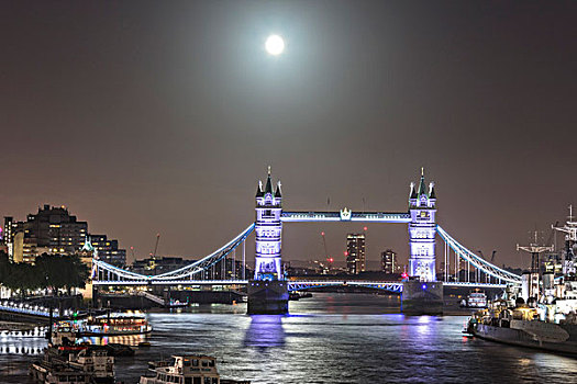 满月,光亮,塔桥,反射,泰晤士河,伦敦,英国